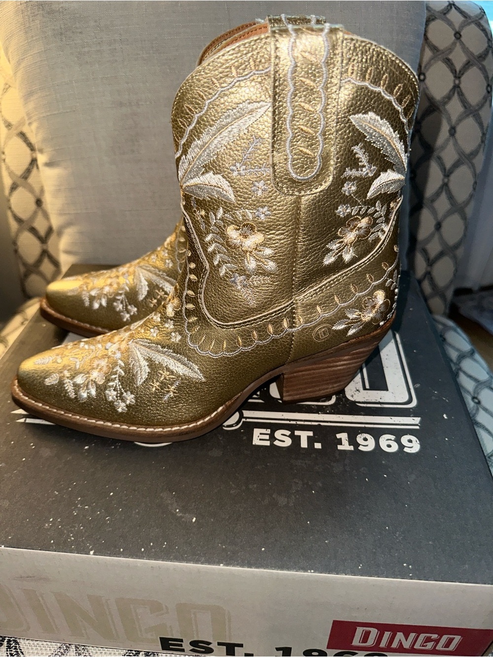 Dingo Metallic Gold Western Embroidered Ankle Boots